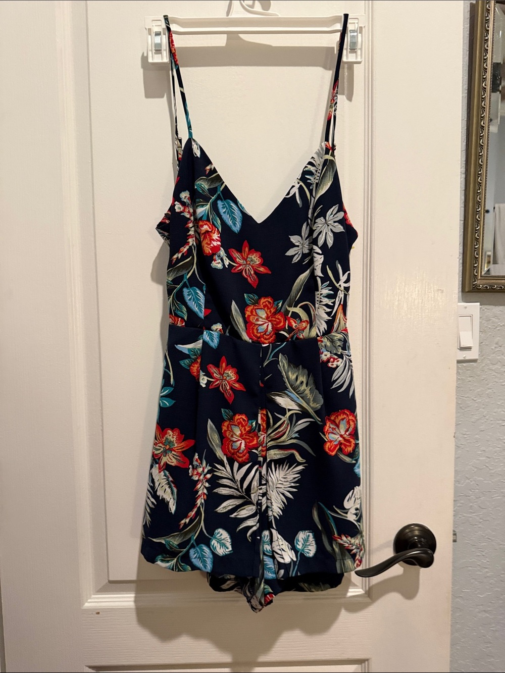 Forever 21 Navy Floral Spaghetti Strap v-neck Romper with Red Flowers